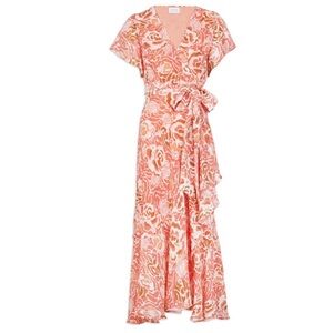 Tanya Taylor Blaire Flutter Sleeve Print Wrap Dress Guava Multi Size 8  Midi